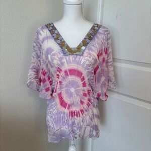 Bebe Silk Tie Dye Sequin V-Neck Tunic Top Purple Pink Kimono Sleeve Large